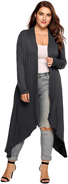 Zeagoo Women's Plus Size Long Sleeve Waterfall Asymmetric Drape Open Front Long Maxi Cardigan Sweater L-5XL