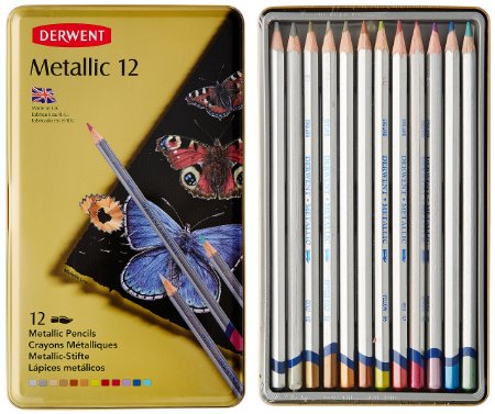Derwent Metallic Water-soluble Pencils, 3.4mm Core, Metal Tin, 12 Count (0700456)