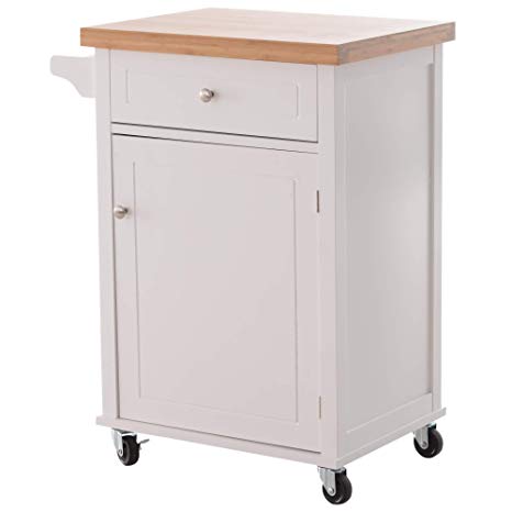 HOMCOM Kitchen Cart Storage Trolley Wooden Cabinet with Drawer Cupboard Towel Rail White