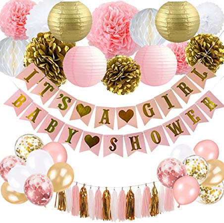 Baby Shower Decorations for Girl - Pink and Gold Baby Shower Decoration It’s A girl & Baby Shower Banner with Paper Lantern Pompoms Flowers Honeycomb Ball Balloons Foil Tassel