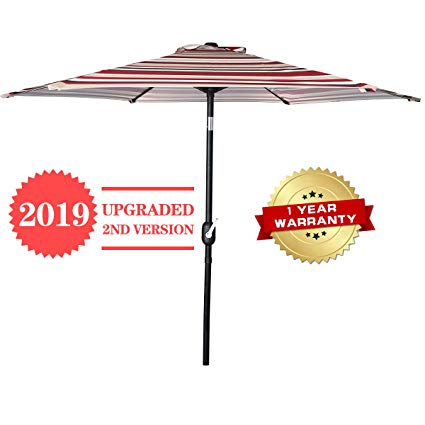 FRUITEAM 7 1/2 ft Patio Umbrella, Outdoor Market Umbrella Table Umbrella with Push Button/Tilt and Crank, Sturdy Steel Pole UPF50  Red Striped Awning