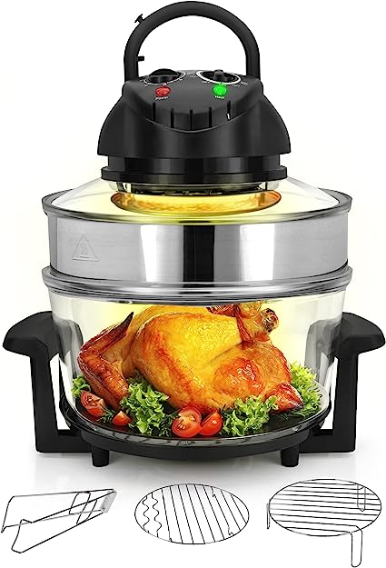 18 Quart Convection Countertop Air Fryer - See through Glass for Best Cooking Results - Air Fryer, Roaster, Bake, Grill, Steam & Roast - Includes Glass Bowl, Broil Rack & Toasting Rack