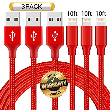GUIGUI iPhone Cable 3Pack 10FT, Extra Long Nylon Braided Charging Cord Lightning Cable to USB Charger for iPhone X, 8, 7, 7 Plus, 6S, 6, SE, 5S, 5, iPad, iPod Nano 7 (Red)