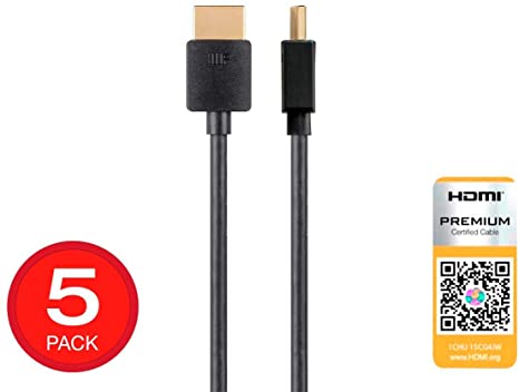 Monoprice Ultra Slim Certified Premium HDMI Cable - Black - 3 Feet (5 Pack) 4K@60Hz HDR 18Gbps 36AWG YUV 4:4:4