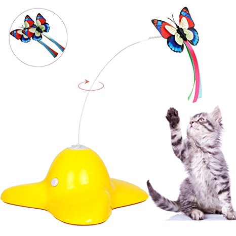 Patgoal Interactive Cat Toy Electric Rotating Butterfly Cat Toys with Two Replacement Flashing Butterflies Spinning Teaser Toy