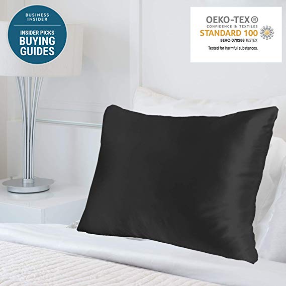 MYK Pure Natural Mulberry Silk Pillowcase, 25 Momme with Cotton Underside for Hair & Skin, Oeko-TEX, Black, Standard Size…