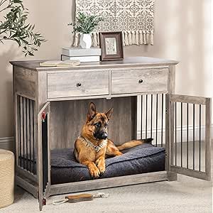 LEMBERI 44 Inch Large Dog Crate Furniture, Wooden Dog Kennel End Table with Storage Drawers, Decorative Pet Crates Dog House Indoor for Dogs