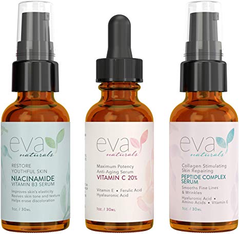 Natural Firm & Glow Skincare Set of 3 Serums – Skin Care Kit with 20% Vitamin C Serum, Peptide Complex Serum, Niacinamide Vitamin B3 Serum to Brighten Complexion and Smooth Wrinkles by Eva Naturals