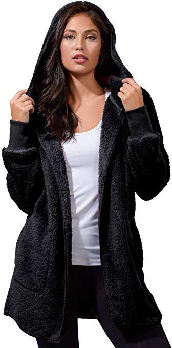 90 Degree By Reflex Warm and Fuzzy Fleece Teddy Cardigan Sherpa Jacket with Hood and Front Pockets