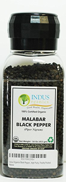 Indus Organics Malabar Black Peppercorns, 16 Oz Jar Grinder, Premium Grade, High Purity, Freshly Packed