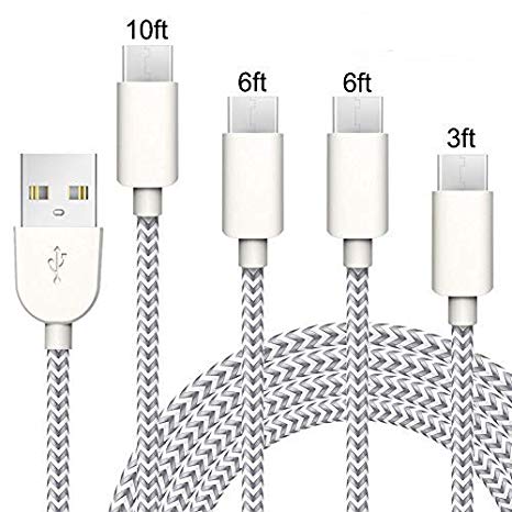 USB C Cable USB Type C Cable 3FT 6FT 6FT 10FT Durable Fast Charging Cord Nylon Braided Compatible with Samsung Galaxy S10E S10 S9 S8 Plus Note 9 Pixel LG G7 G6 V40 Nexus and More(Silver&Gray)