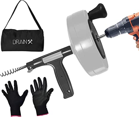 DrainX 50-FT Steel Power Pro Drum Auger Plumbing Snake with Drill Attachment | Use Manually or Powered | Heavy Duty Cable with Work Gloves and Storage Bag Included