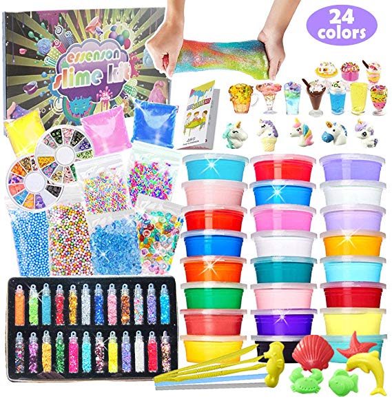 Slime Kit for Girls Boys - DIY Slime Supplies with 24 Colors Crystal Clear Slime, Glitter Powder, Unicorn Slime Charms, Air Dry Clay, Kids Art Craft Toys Gifts for Kids Age 6  Year Old