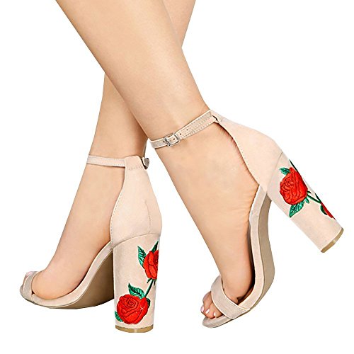 Ofenbuy Womens Floral Embroidery Open Toe Ankle Strap Chunky High Heel Sandals