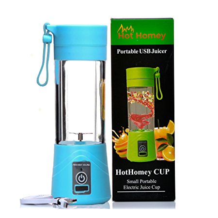 Hot Homey Portable Rechargeable USB Juicer Cup - Blender Bottle - 380ml Electric Personal Blender - Fruit Mixer - Protein Shaker - Protein Mixer with USB Charger Cable - Perfect for Home - Office - Travel and Outdoors (Blue)