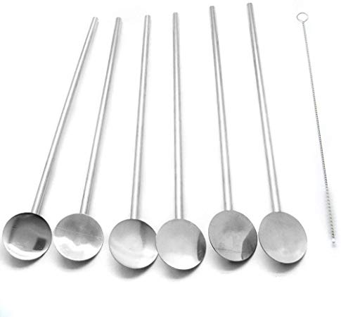Fine Stainless Steel Reusable Spoon Drink Straw Set Long Spoons / Stirrer Flatware for Your Home 6PCS Value Set With Free Cleaner