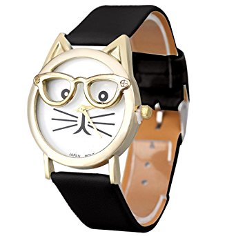 Perman Cute Glasses Cat Women Analog Quartz Dial Wrist Watch