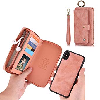 JAZ iPhone XS Wallet Case, iPhone X Wallet Case Zipper Purse Detachable Magnetic 14 Card Slots Money Pocket Clutch Leather Wallet Case Cover for iPhone X(2017) /iPhone XS(2018) 5.8 Inch - Rose Gold