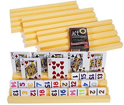 Plastic Trays / Racks for Dominoes OR Playing Card _ Dual Use _ Set of 4 _ Bonus 1 Deck of Ace 100% High Quality Plastic Playing Cards (Random backing color of Red or Blue)