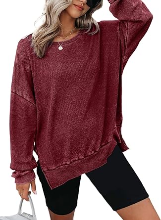 Dokotoo Womens Oversized Waffle Knit Crewneck Sweatshirts Long Sleeve Side Slits Casual Pullover Sweatshirt Tops