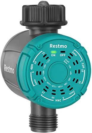 Restmo Hose Faucet Water Timer, Single Zone, Automatic and Manual On Off with Rain Delay, One-Touch Digital Control, Easy to Program, Ideal for Outdoor Garden Drip Irrigation and Lawn Sprinkler System