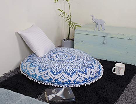 Popular Handicrafts Large Ombre Mandala Round Hippie Floor Pillow - Cushion - Pouf Cover Bohemian Yoga Decor Floor Cushion Case - 32" Blue