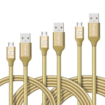 Micro USB Cable, 3 pcs (3.3ft,6ft,10ft) Fasgear Nylon Braided Tangle-Free Fastest charger data cable with Metal Connectors for Android, Samsung galaxy S7/S7 edge, Nexus, Lumia, Sony and more (Gold)