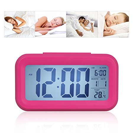 Digital Alarm Clock with Sensor Light, Date and Temperature Display, Snooze - Battery Operated Led Travel Alarm Clock, Desk Clock - by O-Best (Pink)
