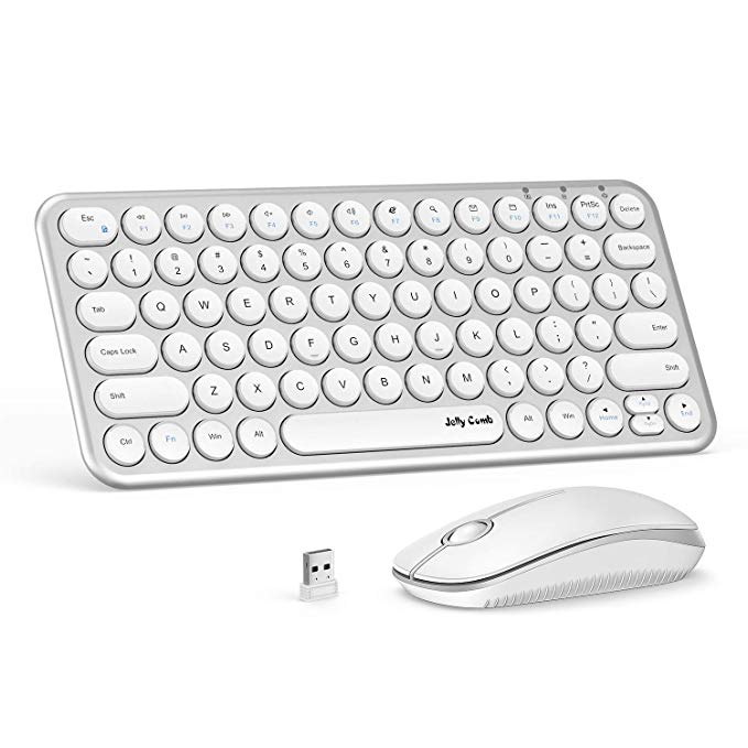 Wireless Keyboard and Mouse, Jelly Comb KS45 2.4GHz USB Keyboard and Mouse Combo for PC, Laptop, Window XP 7/8/9 - Ergonomic Round Concave & Convex Keycaps (White Silver)