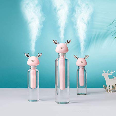 Patas Lague Mini USB Portable Humidifier, Small Size Deer Cool Mist Humidifier for Travel Home Baby Hotel Office Pink
