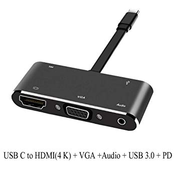 USB C to HDMI VGA Hub Adapter, Welltop 5-in-1 USB Type C to HDMI 4K VGA with USB 3.0/Audio/USB-C Charging Port for MacBook Pro 2018/2017, iMac Pro 2017/2018,ChromeBook,Galaxy S9/Note9