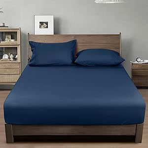 PHF 100% Garment Washed Cotton Fitted Sheet Twin Size - Cozy Cloud Soft Linen Like Bottom Sheet Only with Elastic Deep Pockets, Easy Fit Breathable Warm not Shrink,39"x 75",Navy Blue, No Pillowcase