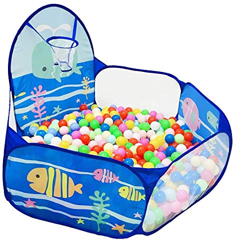 LOJETON Kids Ball Pit Pop Up Children Play Tent, Toddler Ball Ocean Pool Baby Crawl Playpen with Basketball Hoop and Zipper Storage Bag - Balls Not Included