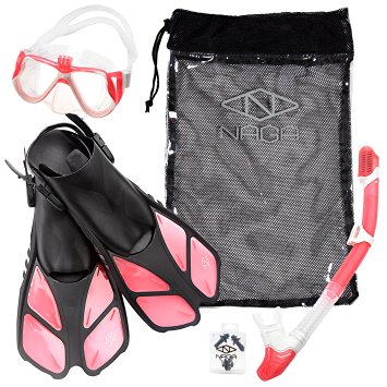 Naga Sports Adult Snorkel Set with Dry Top Snorkel, Single Lens Mask, Trek Fins, Mesh Bag - Choose your Size and Color
