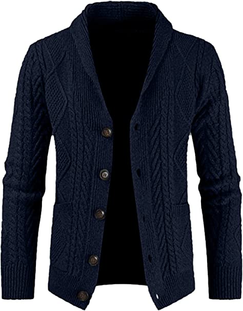 JMIERR Men's Casual Long Sleeve Shawl Collar Buttons Down Cable Knit Cardigan Sweater with Pockets