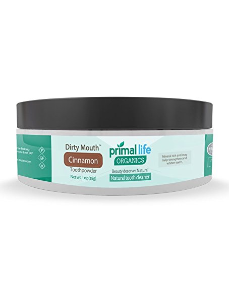 Dirty Mouth Organic Toothpowder #1 BEST RATED All Natural Dental Cleanser- Gently Polishes, Detoxifies, Re-Mineralizes, Strengthens Teeth - Cinnamon (1 oz = 3mo Supply) - Primal Life Organics