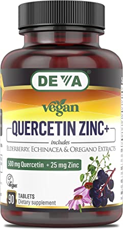 Deva Vegan Quercetin 500mg Plus 25mg Zinc with Elderberry, Echinacea and Oregano Extracts -No Animal Ingredients - 90 Tablets, 1-Pack