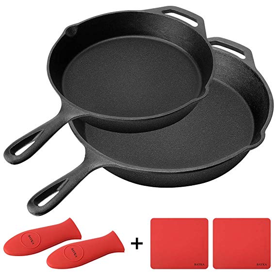 Cast Iron Skillet, BAYKA Pre-Seasoned 6-Piece Set with 10" & 12" Cast Iron Pans & 2 Heat-Resistant Holders & 2 Silicone Mats, Oven Grill Stovetop Induction Safe, Cookware Great for Sautes and Stir Fry