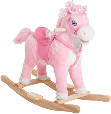 Qaba Kids Plush Toy Rocking Horse Ride on with Realistic Sounds, Pink