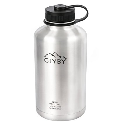 Glyby Stainless Steel Beer Growler, Water Bottle With Double Wall Vacuum Insulation Cup, Wide Mouth Thermos Flask, 64 OZ