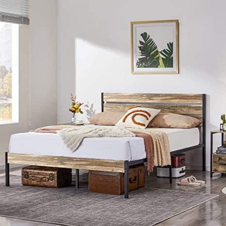 VECELO Platform Queen Bed Frame with Rustic Vintage Wood Headboard and Footboard, Mattress Foundation, Strong Metal Slats Support, No Box Spring Needed