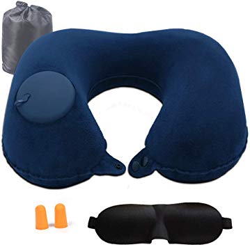 LC Travel Pillow, Inflatable U-Shaped Pillows, Portable Soft Velvet Neck Support Pillow for Airplanes, Car, Office, Family with Ear Plugs, Eye Mask and Drawstring Bag