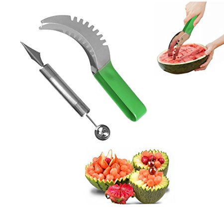 Watermelon Slicer,JmeGe Stainless Steel Watermelon Slicer Cutter Corer & Server with 2 in 1 Melon Baller Scoop & Carver
