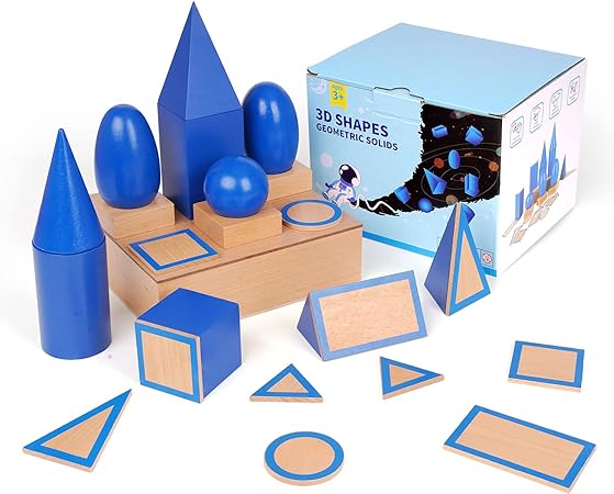 AXEARTE 3D Shapes Geometric Solids, Large Wooden Montessori Toys, Math Manipulatives Geometry Set Geo Blocks for Kids Preschool Learning STEM Toys, Classroom Supplies