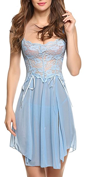 Bluetime Women's Lace Floral Lingerie See Through Slit Chemise Babydoll