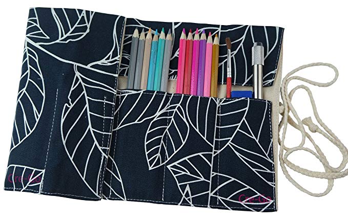 CreooGo Canvas Pencil Wrap, Pencils Roll Case Pouch Hold for 48 Colored Pencils (Pencils are not Included)-White Leaf,48 Holes