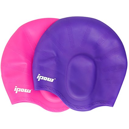 2 Pack,IPOW Soft Wrinkle-Free Silicone Swim Swimming Cap Soft Ear Protective Bating Hat Cap