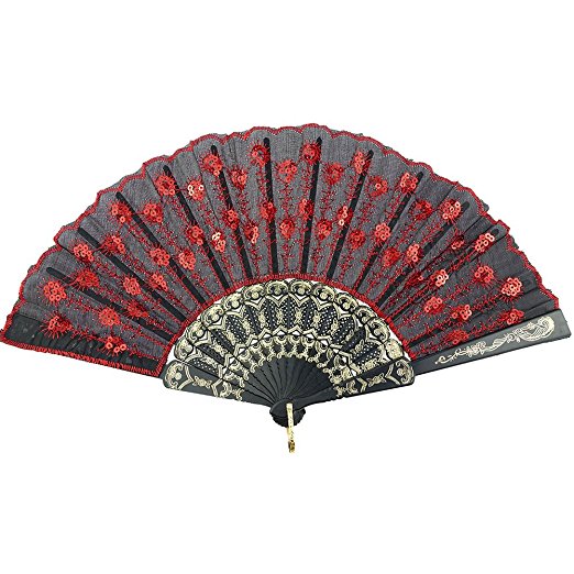 InnoLife174; Elegant Colorful Embroidered Flower Peacock Pattern Sequin Fabric Folding Handheld Hand Fan Hand-crafted (Red)