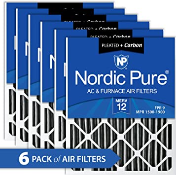 Nordic Pure 16x25x4PM12C-6 Pleated MERV 12 Plus Carbon AC Furnace Filters (6 Pack), 16x25x4"