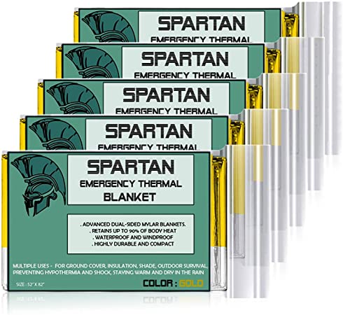 Spartan Emergency Blanket 5 Pack Space Blanket 52"x82" Reusable, Insulated, Heat Reflective, Foil Mylar Thermal Blankets for Camping, Rescue, Hiking, Weather Survival, Marathons or First Aid (Gold)